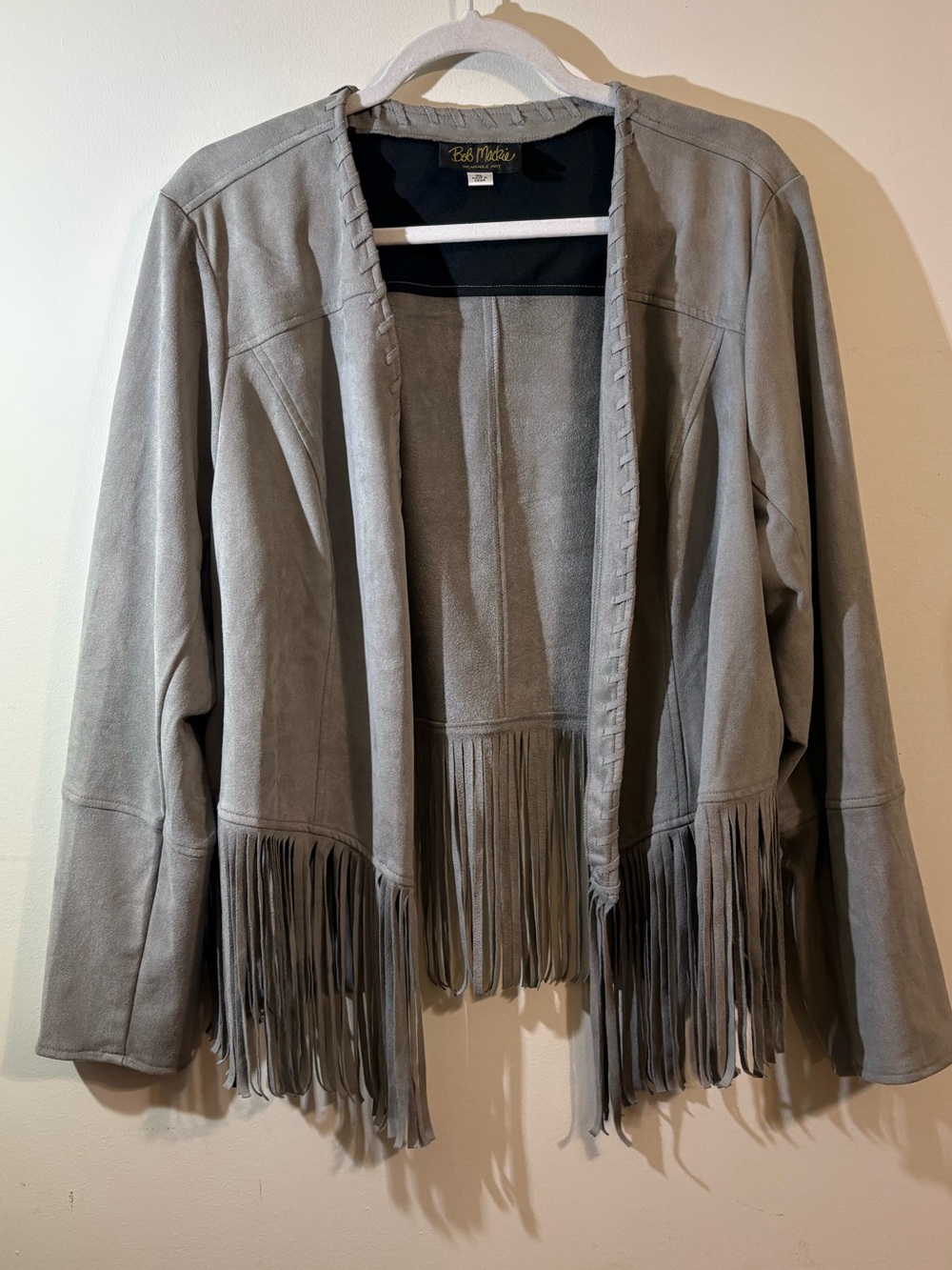 Bob Mackie Jacket Women’s XL Wearable Art Faux Suede Open Front Fringe grey gray
